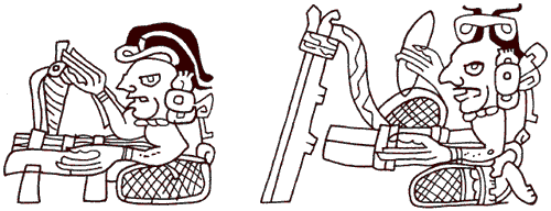 Деталь рисунка из Троано-Кортезианского кодекса, изображающая женщин за изготовлением пряжи и ткани. Эту работу часто делали совместно в специально построенных для этой цели зданиях.