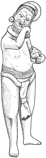 Глиняная фигурка из Гуаймила в Мексике (900– 1000 г. н. э.). Она изображает крестьянина в простой набедренной повязке. Но даже беднейшие майя любили украшения, поэтому крестьянин носит серьги и ожерелье, а волосы у него аккуратно заплетены в косу.