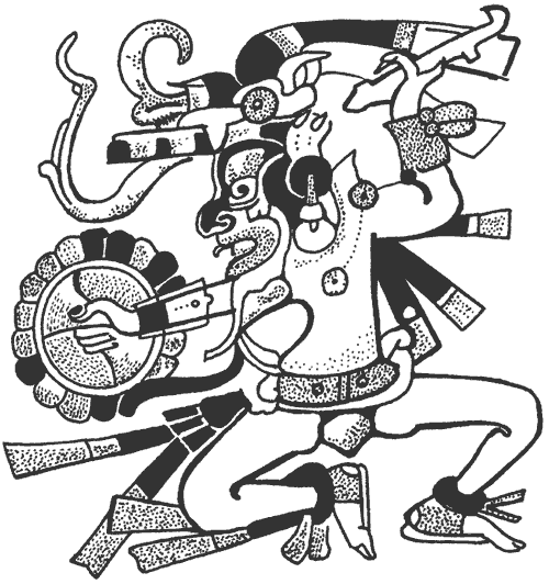 Дрезденский кодекс в основном имеет отношение к движению планеты Венера. Бог Венеры был важным божеством в пантеоне майя. Данный фрагмент рисунка из кодекса изображает бросающего копье бога Венеры.