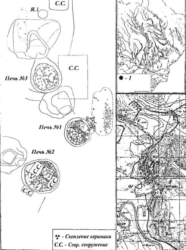 Рис. 1. Общий план раскопа 2001 г., ситуационная и топографическая привязки поселения Прутень.