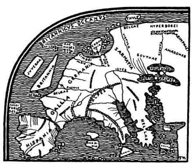 Карта Европы, составленная по описанию Помпония Мелы, около 44 года