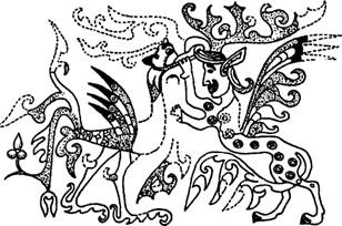 Рис. 61. Полотнище с изображением битвы получеловека-полульва с мифической птицей. Курган № 5, Пазырык. V в. до н. э.