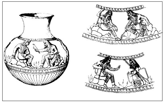 Скифские воины - изображение на сосуде из могильника "Частые курганы"