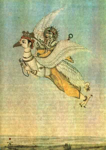 Бог Вишну и богиня Лакшми летят на птице Гаруде
